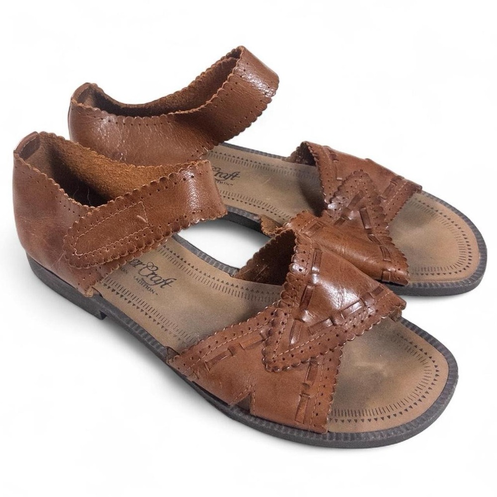 LeatherCraft Brown Leather Sandals Size 8W Comfort Flat Shoes